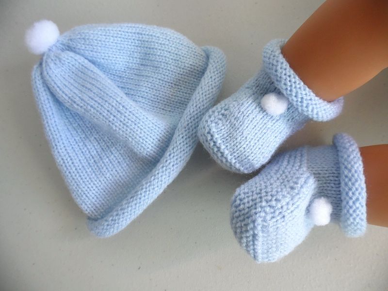  Tricot laine bébé fait main bonnet bleu à pompon