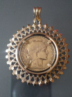 Piece or 20 francs marianne1905 en pendentif de 22 cara